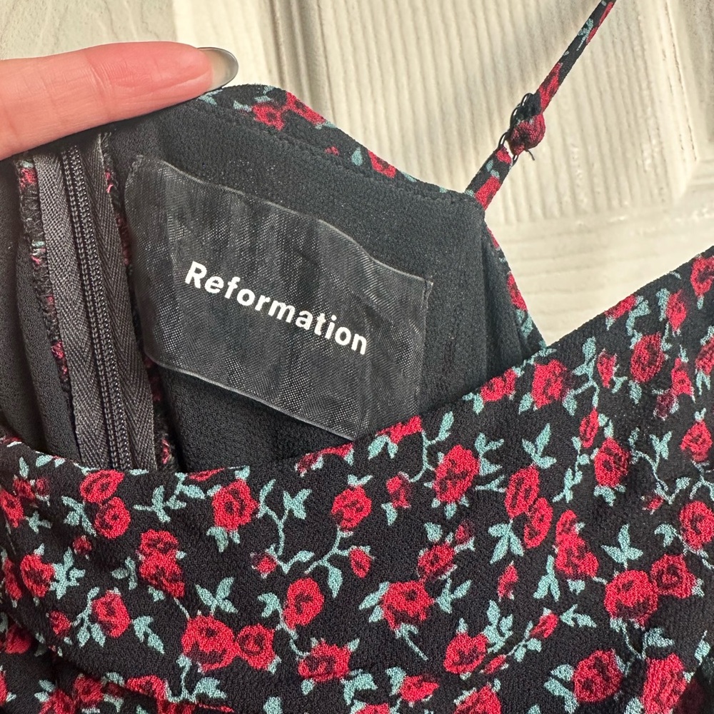 Reformation Black Dress with Red Floral Design